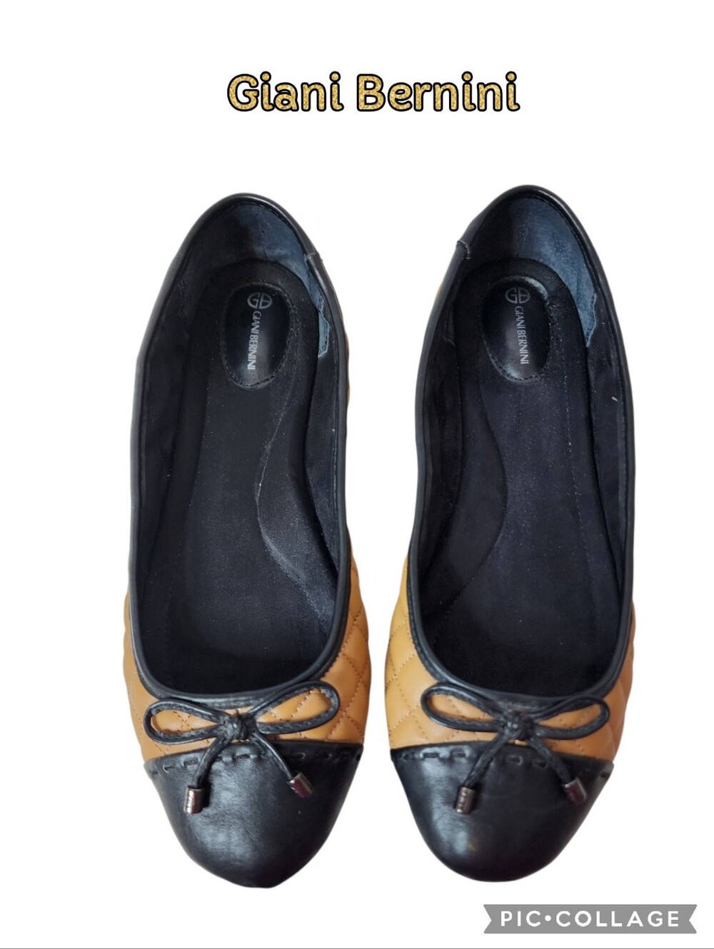 Giani Bernini shoes flats two tone quilted blk/beige with bow top sz 8.5